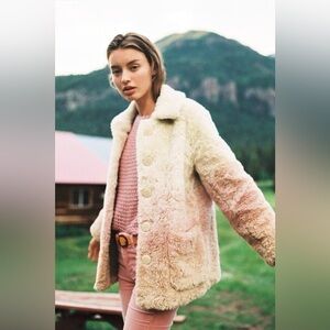Anthropologie Ombre Faux Fur Cream Pink Teddy Coat Jacket Size XS
